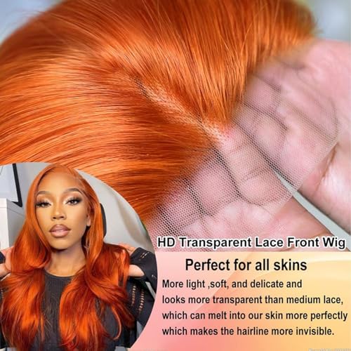 Fiumer 26 Inch Orange Ginger Human Hair Lace Front Wig 13x4 Straight 180% Density
