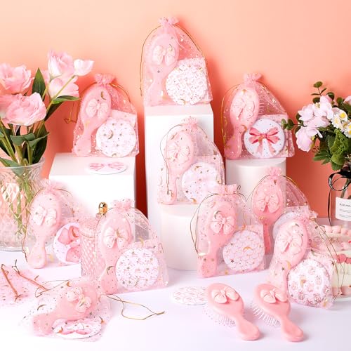 Pink Bow Theme Party Favors Set - Mini Hair Brush Mirror & Cards, 48 Pieces - Cute & Portable