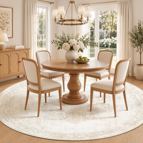 8ft Washable Round Rug with Non-Slip Backing - Vintage Boho Medallion Carpet for Living Room & Bedroom - Beige