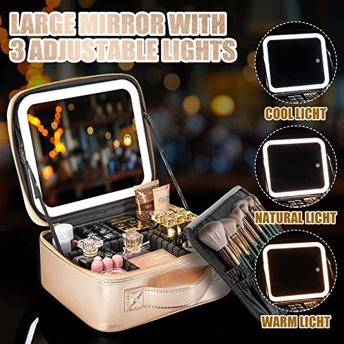 Extrei Gent Gold Makeup Travel Case with LED Light Mirror, Adjustable Brightness, Waterproof, Portable 10.4 x 9.1 x 4.6 in