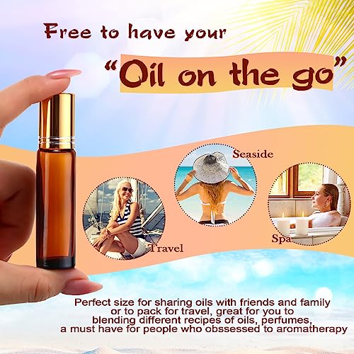 Tanlade 100 Pcs Essential Oil Roller Bottles 10 ml Amber Roll on Glass Refillable Leakproof Empty Rollerball Bottles with Funnels and Stainless Steel Roller Balls for Travel Lip Gloss
