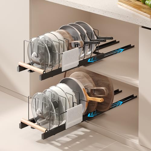 Magheo 2 Pack Black Pull-Out Under-Cabinet Pots & Pans Organizer, 16.7-23.6" Depth with 10 Adjustable Dividers