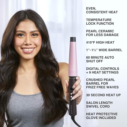 Remington CI9538 Pro 1"-1.5" Pearl Ceramic Conical Curling Wand, Digital Controls + 10 Heat Settings, Black/Pink