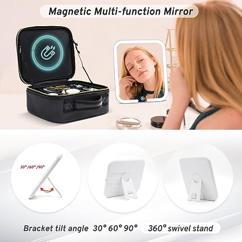 Jadazror Black Detachable Magnetic Lighted Makeup Bag with 360° Swivel Mirror