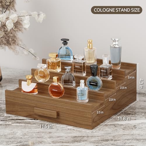Solid Walnut Cologne Organizer for Men,4 Tier Cologne Stand,Wooden Cologne Holder Display Shelf with Drawer Storage and Hidden Compartment,Perfume Stand Organizer,Gift for Men Dad Husband