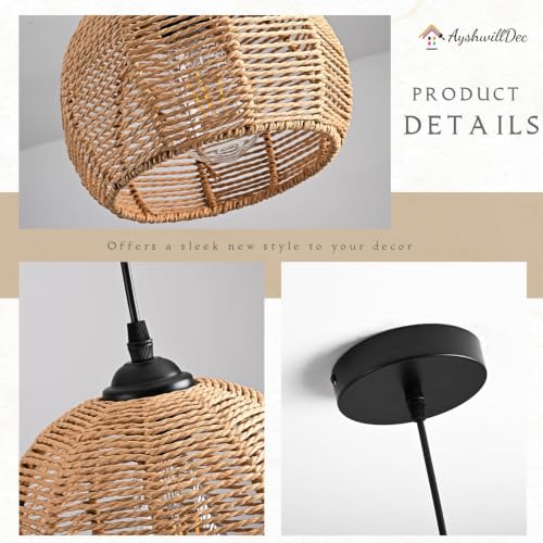 AyshwillDec 8.7" Natural Wicker Pendant Light 2-Pack Boho Rattan Chandelier for Kitchen & Dining
