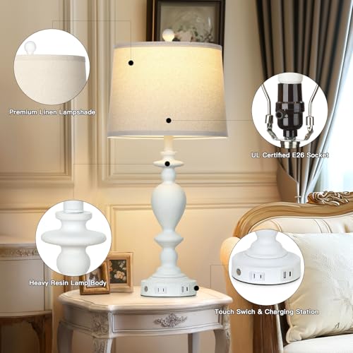 28-Inch White Farmhouse Table Lamps Set of 2 with USB-C & AC Outlet - Dimmable Touch, Vintage Rustic Living Room and Bedroom Lighting - Variation: White-1