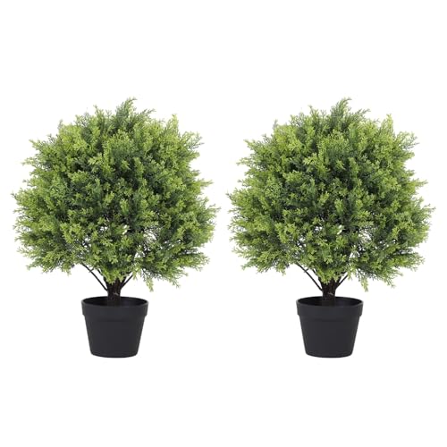 Artificial Outdoor Topiary Trees - 24 Inch Faux Cedar Ball Set of 2 - Green