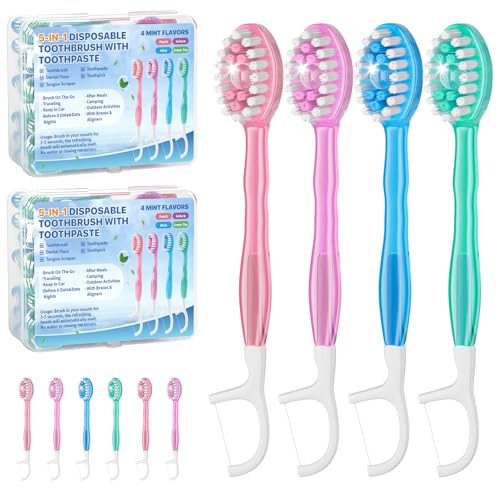 GoFujuco 70-Pack 5-in-1 Disposable Travel Toothbrush with Floss & Tongue Scraper