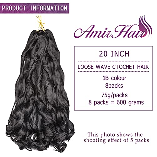 Pre Stretched Braiding Hair 20 Inch Loose Wave Crochet Extensions 8 Packs - Big Curly Bouncy Synthetic 1B