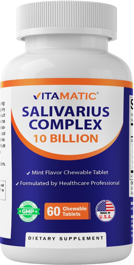 Vitamatic Salivarius Complex 10 Billion Chewable Mint Flavored Tablet - 60 Count - Oral Health Chewable Probiotics + Prebiotics - Supports Healthy Teeth, Gums, & Better Breath