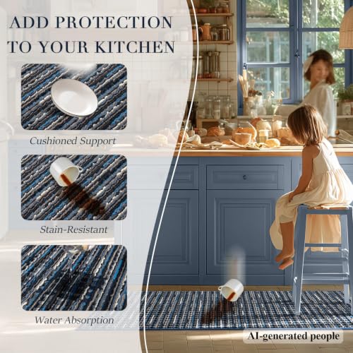 BSICPRO Large Navy Blue Kitchen Rug Set of 3, Farmhouse Style - 24x70, 20x47, 24x35