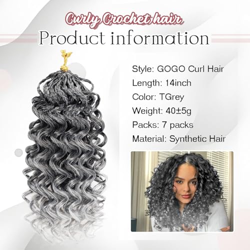 Pre-Looped Curly Crochet Hair 14 Inch for Black Women - 7 Packs, 1B Grey