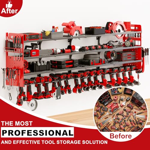 Large 65-Inch Power Tool Wall Mount Organizer - 4-Tier, Holds 16 Drills - Red