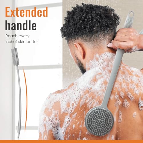 Silicone Back Scrubber with Long Handle - Double-Sided Shower Brush for Exfoliation and Massage - 17 Inch, Black & Gray Variation