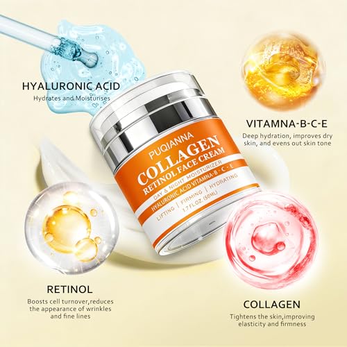 PUQIANNA Instant Face Lift Cream with Collagen & Retinol - Day and Night Face Moisturizer, Anti-Aging Firming Cream with Hyaluronic Acid & Vitamin B C E, Hydrating Lifting Face Cream, 1.7 Fl Oz