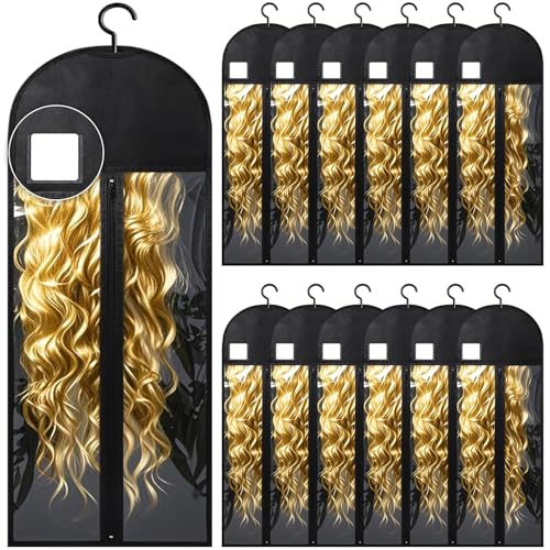 Black 12-Piece Extra Long Wig Storage Bags with Hanger and Labels - 31.5 Inch