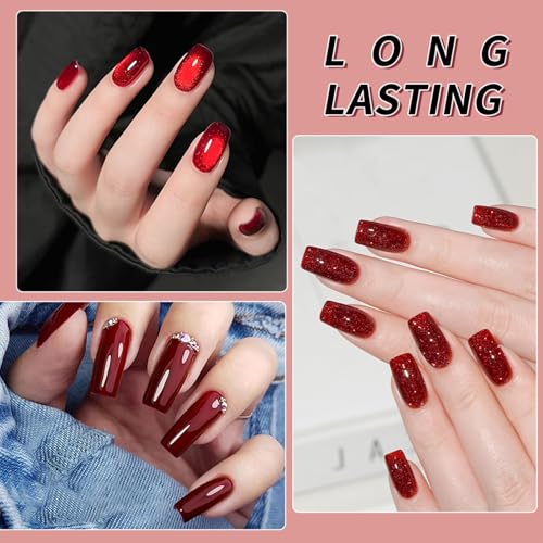 Red Gel Nail Polish Set 12ml 12-Piece Kit with Cat Eye Glitter Pearl - Variation of THIS listing