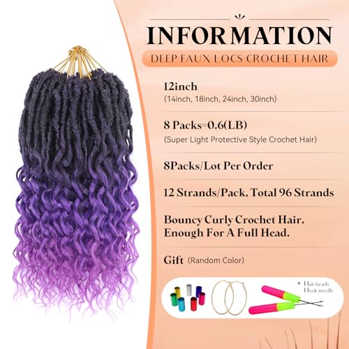 12 Inch Deep Faux Locs Crochet Hair for Black Women - 8 Packs, Purple