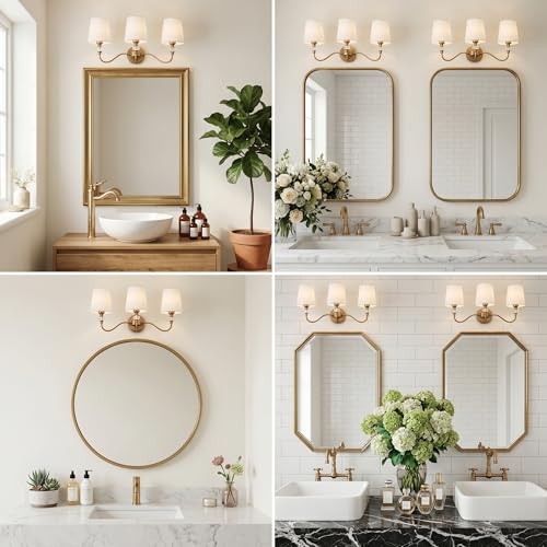 Brass 3-Light Vintage Bathroom Vanity Light Fixture with Fabric Shades - Over Mirror, Crystal Accent, Modern Wall Sconce, E26 Base