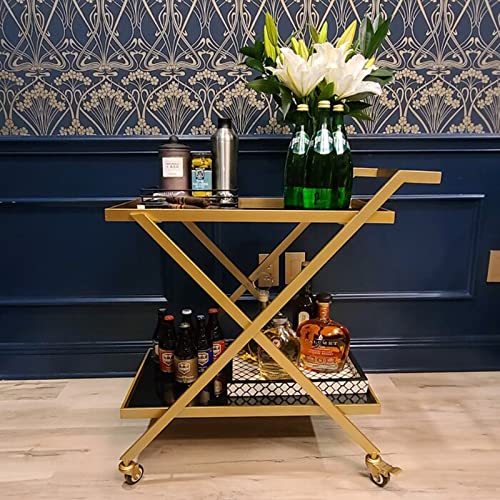 Crofy Gold Finish Bar Cart on Wheels with Tempered Glass Shelves - 2-Tier Mobile Serving Cart for Home & Bar