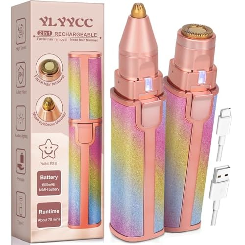 Facial Hair Removal for Women: 2-in-1 Rechargeable Nose Hair & Eyebrow Trimmer, Face Shaver with Built-in LED Light for Removing Chin, Upper and Lower Lip Area Peach Fuzz