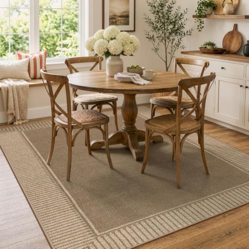 Moynesa 5x7 Indoor Outdoor Jute-Inspired Rug with Brown Striped Border, Low Pile Area Rug