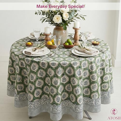 Kari Green Cotton Round Tablecloth 90 Inches - Handprinted French Provencal Decor