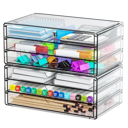 Large 6-Drawer Acrylic Storage Organizer Set - Stackable Desk & Makeup Drawers - 2 Pack
