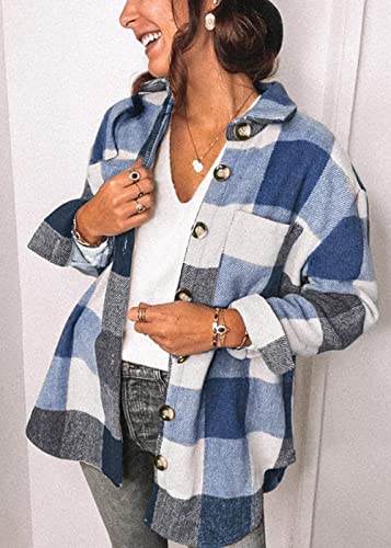 Women's X-Large Blue Brushed Plaid Flannel Shirt Jacket with Button Front