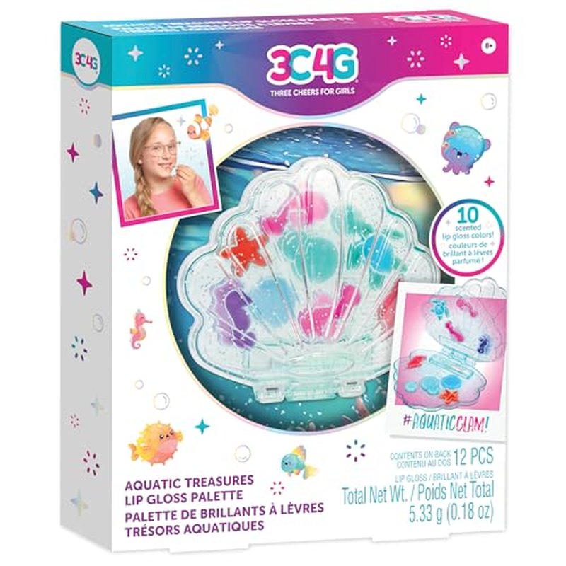 3C4G: Aquatic Treasures Lip Gloss Palette - Portable Clam-Shaped Case, 10 Fruity Strawberry-Scented Colors, Three Cheers for Girls, Kids Ages 8+