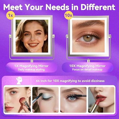 JIONIESIM Series 1X/10X Makeup Mirror with Lights, Double Sides Lighted Magnifying Mirror with 3 Colors, Height & Brightness Adjustable, Rechargeable 4000mAh Vanity Mirror (Brushed Nickel)