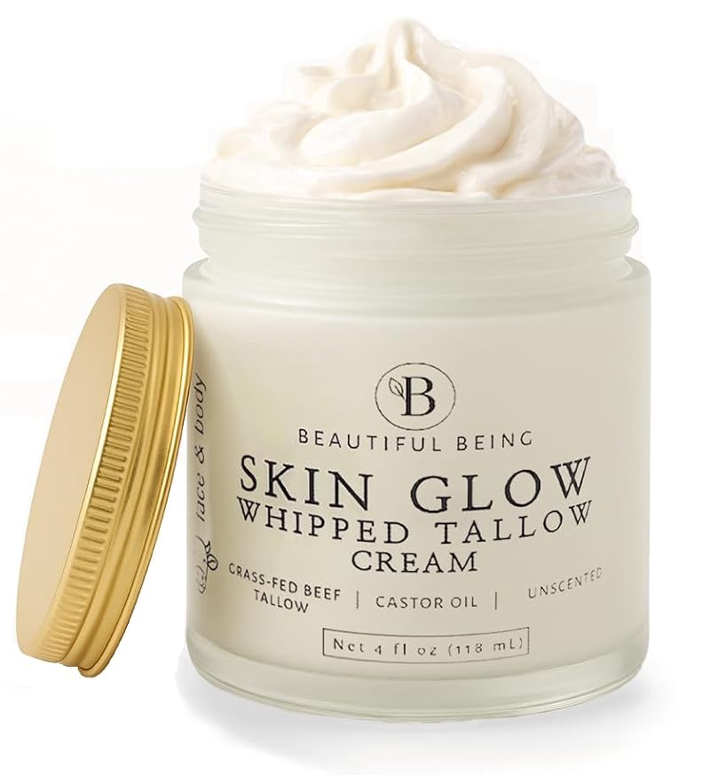 Beautiful Being Skin Glow Grass-Fed Whipped Beef Tallow Moisturizer Unscented 4oz (Face & Body) – Castor Oil Infused
