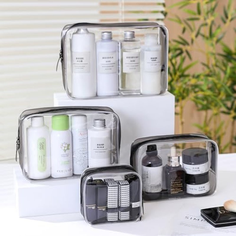 4 Pcs Clear Toiletry Carry Pouch with Zipper, Makeup Cosmetic Bag for Women Men Traveling Vacation Organization Business Trip Home Clear-Black