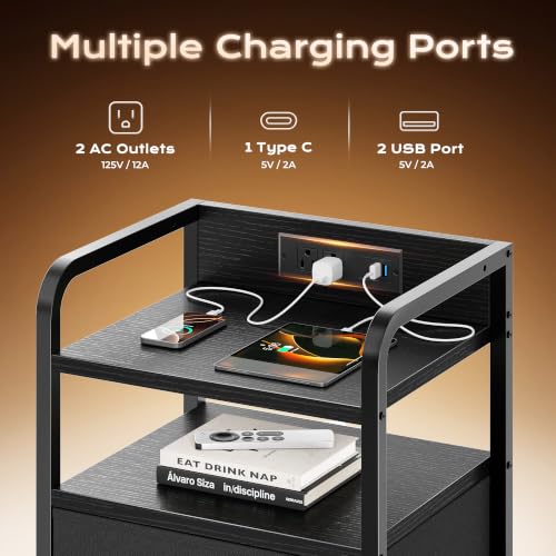 Huuger Black Nightstands Set of 2 with LED Lights and Charging Station