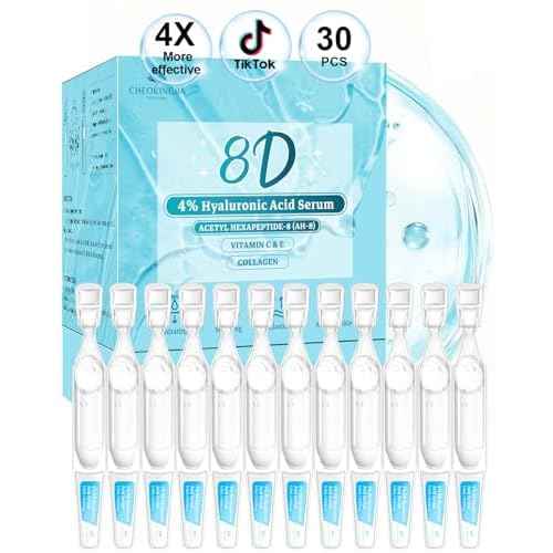 4% Hyaluronic Acid Serum for Face, 8D Hyaluronic Acid Ultra Hydrating Anti-Aging Serum with 20,000ppm Acetyl Hexapeptide-8, Korean Skincare Single-Use Ampoule for Dry & Sensitive Skin, 30pcs