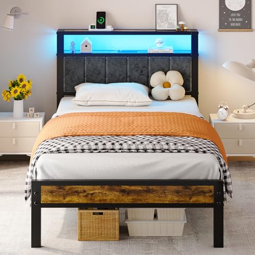 Twin Size Bed Frame with LED Lights and Upholstered Headboard - Grey