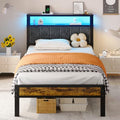 Twin Size Bed Frame with LED Lights and Upholstered Headboard - Grey