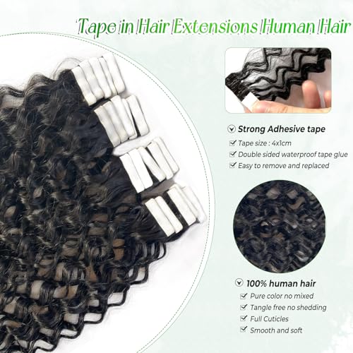 Water Wave Tape-in Hair Extensions 16 Inch Natural Black Remy Human Hair - #1B(WW) / 50g/Pack 20pcs