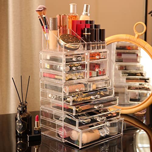 Clear Makeup Organizer with 11 Drawers - 4 Stackable Sections & Top Holder, 11-Drawer Cosmetic Storage for Vanity & Skincare - Variation: 11 Drawers / Clear