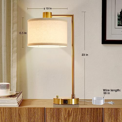 Gold Dimmable Table Lamp Set of 2 with USB-C & A Ports - Bedside Nightstand Lamps