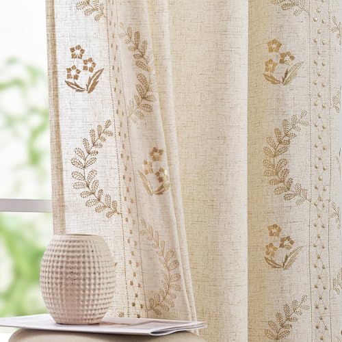 Farmhouse Linen Curtains with Floral Embroidery - 2 Panels, 63 Inch Length