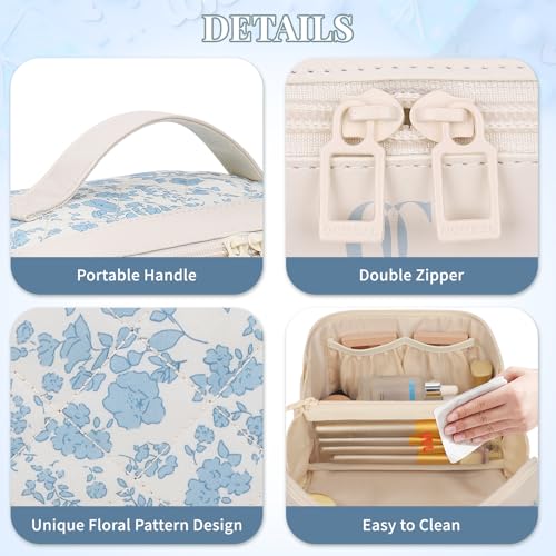Travel Makeup Bag Organizer Cosmetic Bag, 2Pcs Floral Make up Bag Portable Pouch Open Flat Pouch Clear Divider and Handle