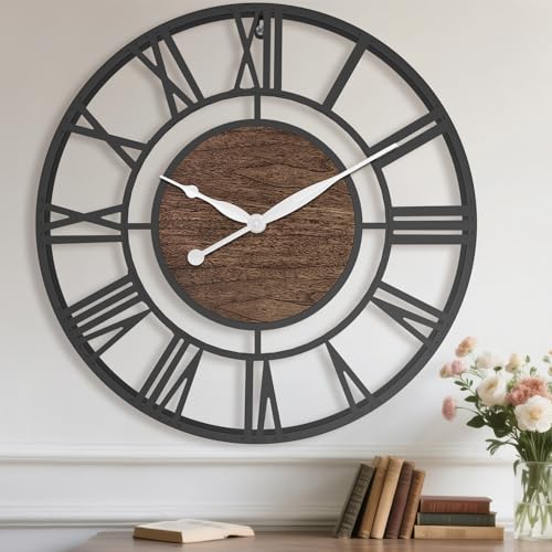 Large Walnut Roman Numeral Wall Clock - 30 Inch Wall Decor with Black Walnut Finish