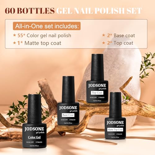 JODSONE 60 PCS Gel Nail Polish Starter Kit 55 Color Combination of Light and Dark Colors Emerald Green Klein Blue Soak off No Wipe Base Coat Matte and Glossy Top Coat Nail Gel Kit