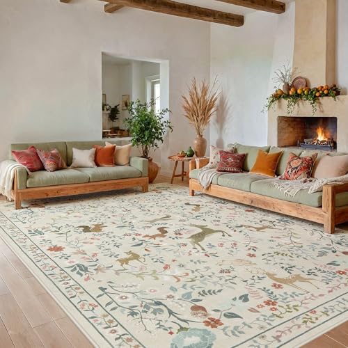 Yidanamy 8x10 Beige Boho Floral Washable Area Rug for Living Room & Bedroom
