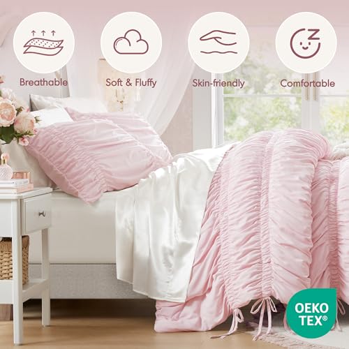 Pink Queen Comforter Set with Ruched Shabby Chic Design - 3 Piece Full/Queen Bedding