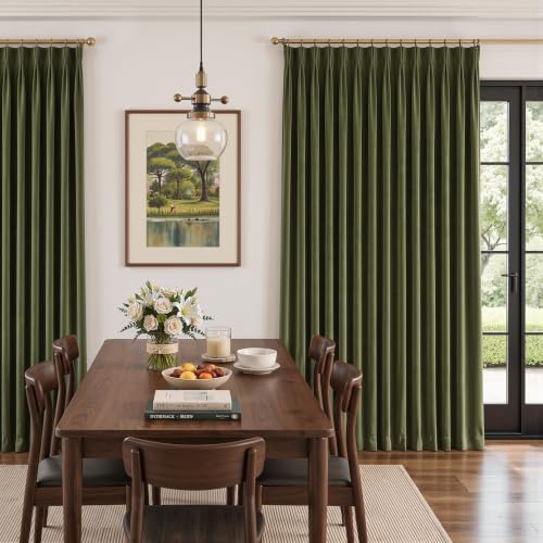 Olive Green Velvet Pinch Pleated Curtains 4 Panels Set, 40"W x 96"L, Blackout