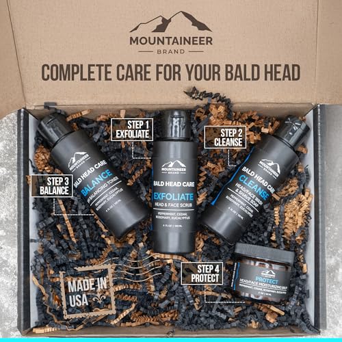 Mountaineer Brand Bald Head Care Gifts For Bald Men | All Natural 4 Step Daily Skin Care for Healthy Scalp & Face | Exfoliate Scrub | Cleanse Wash | Shine Away PH Balance | Protect Moisturizing Balm
