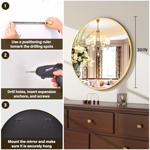 30 Inch Round Gold Mirror - Modern Circular Wall Mirror for Bathroom & Entryway - Variation: Round-Gold / 30"L x 30"W